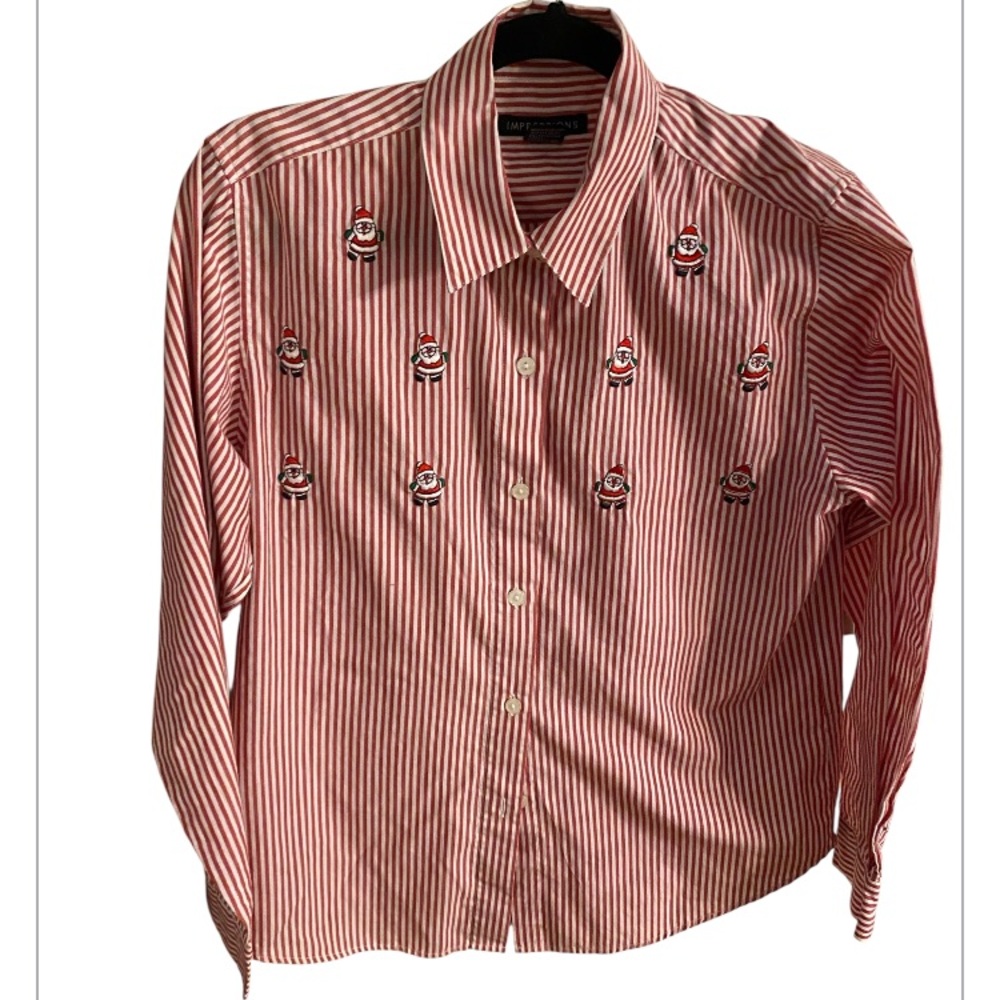 Impressions red & white striped women’s‎ long sleeve Santa Embroidery size 10